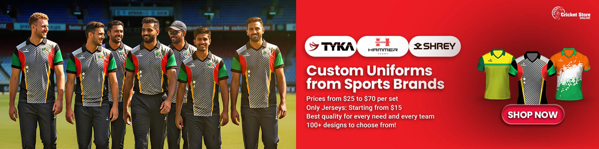 Group of men in sports uniforms standing on a field with a promotional banner for Tyka and Z-Shrey sports brands.