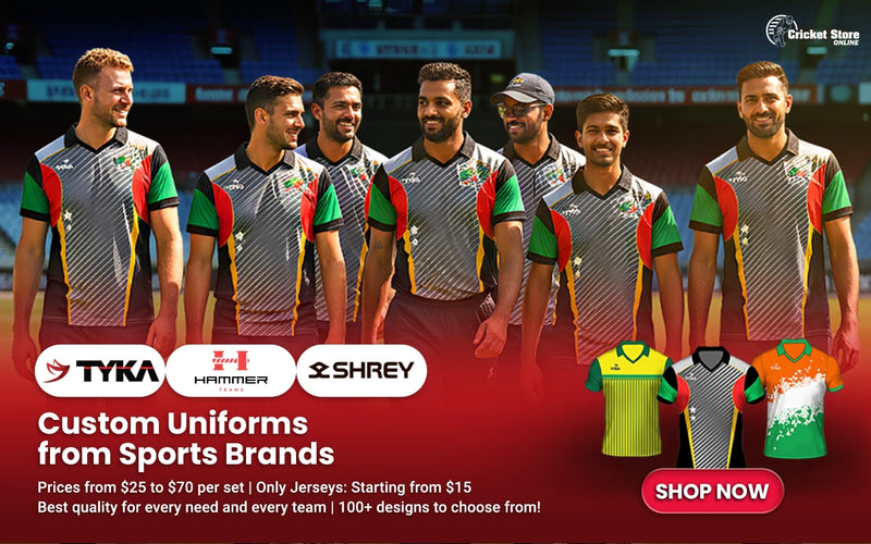 Group of men wearing sports uniforms with visible brand logos on a promotional background.