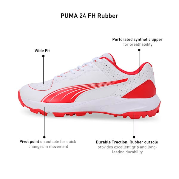 Puma 24 FH Rubber Cricket Shoes (PUMA WHITE/PUMA RED)