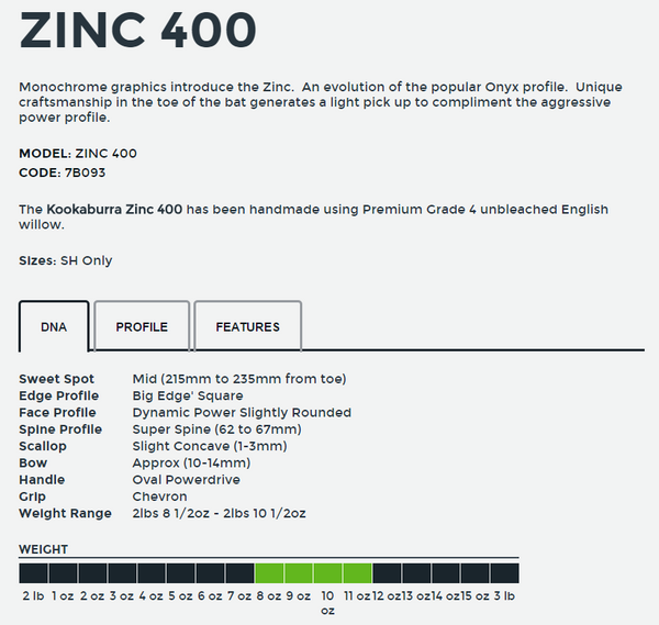 Kookaburra Zinc 400 Cricket Bat Full Profile Details and Weight Ranges for the 2017 Range