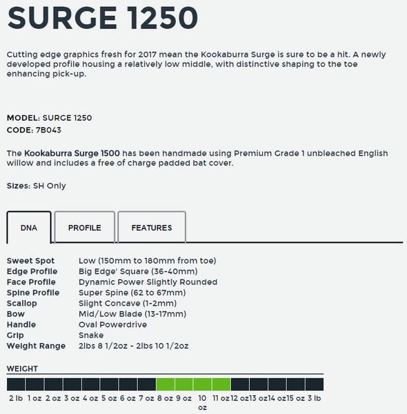 Kookaburra Surge 1250 Cricket Bat 2017 full profile details and weight range available