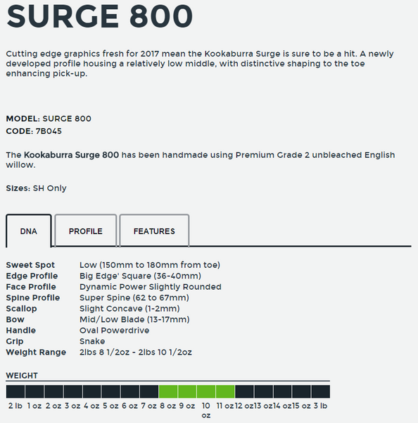 KB surge 800 Cricket Bat 2017 Full Profile and Weight Ranges available